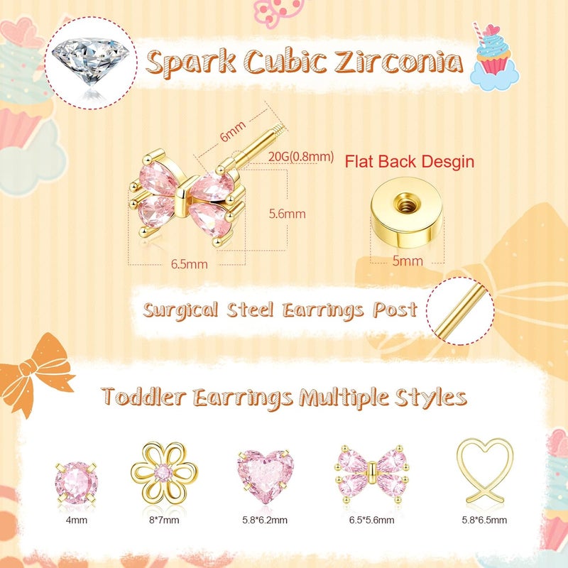 DALI Hypoallergenic Earrings for Girls,Toddler Screw Back Earrings for Kids Baby Women,Lightweight Surgical Steel Cute Pink Bow Butterfly Heart Flower CZ Flat Back Stud Earring for Sensitive Ears - Image 2